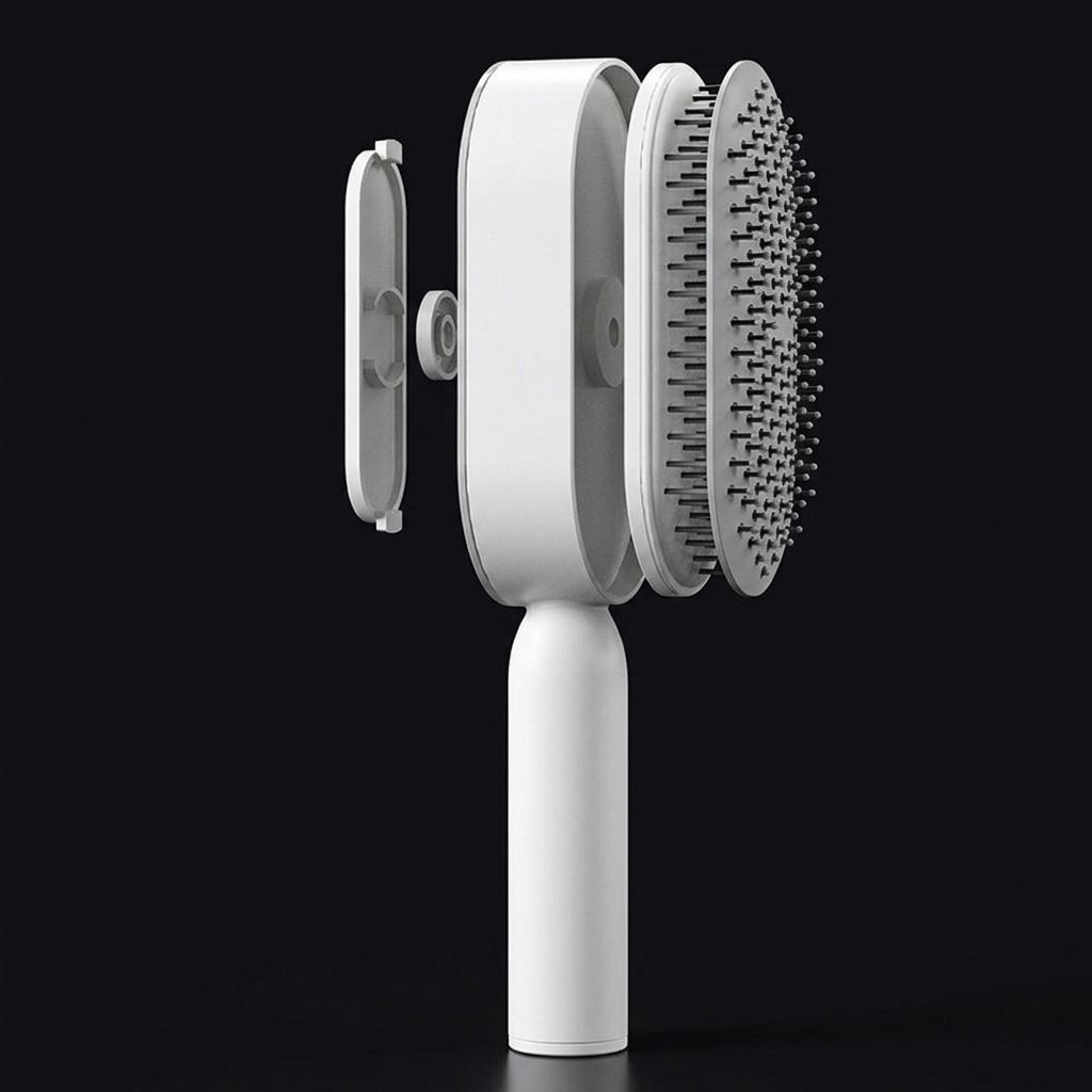Exploded product illustration showing the rear press panel, oval shell and bristle layer of the white brush